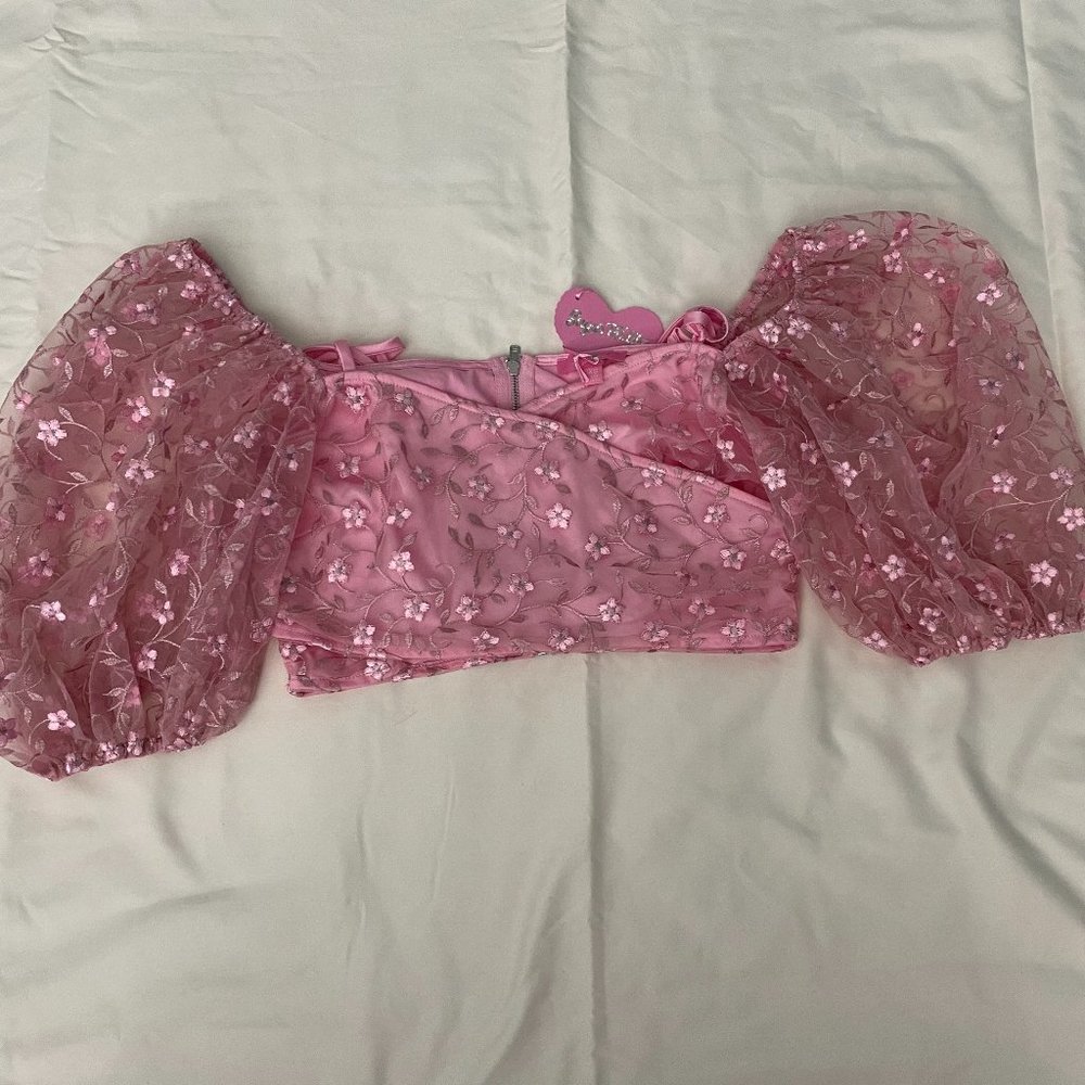 NWT Sugar Thrillz/Dolls Kill Pink  Embroidered Flower Feminine Crop Top XS